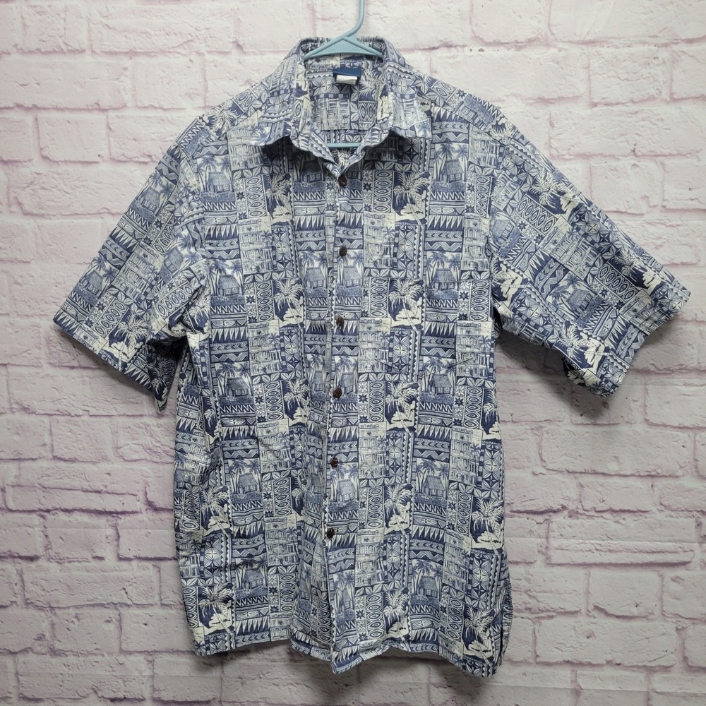 Honolua‎ Surf Co Hawaiian Button Shirt Mens L Blue White Tropical Vacation Camp